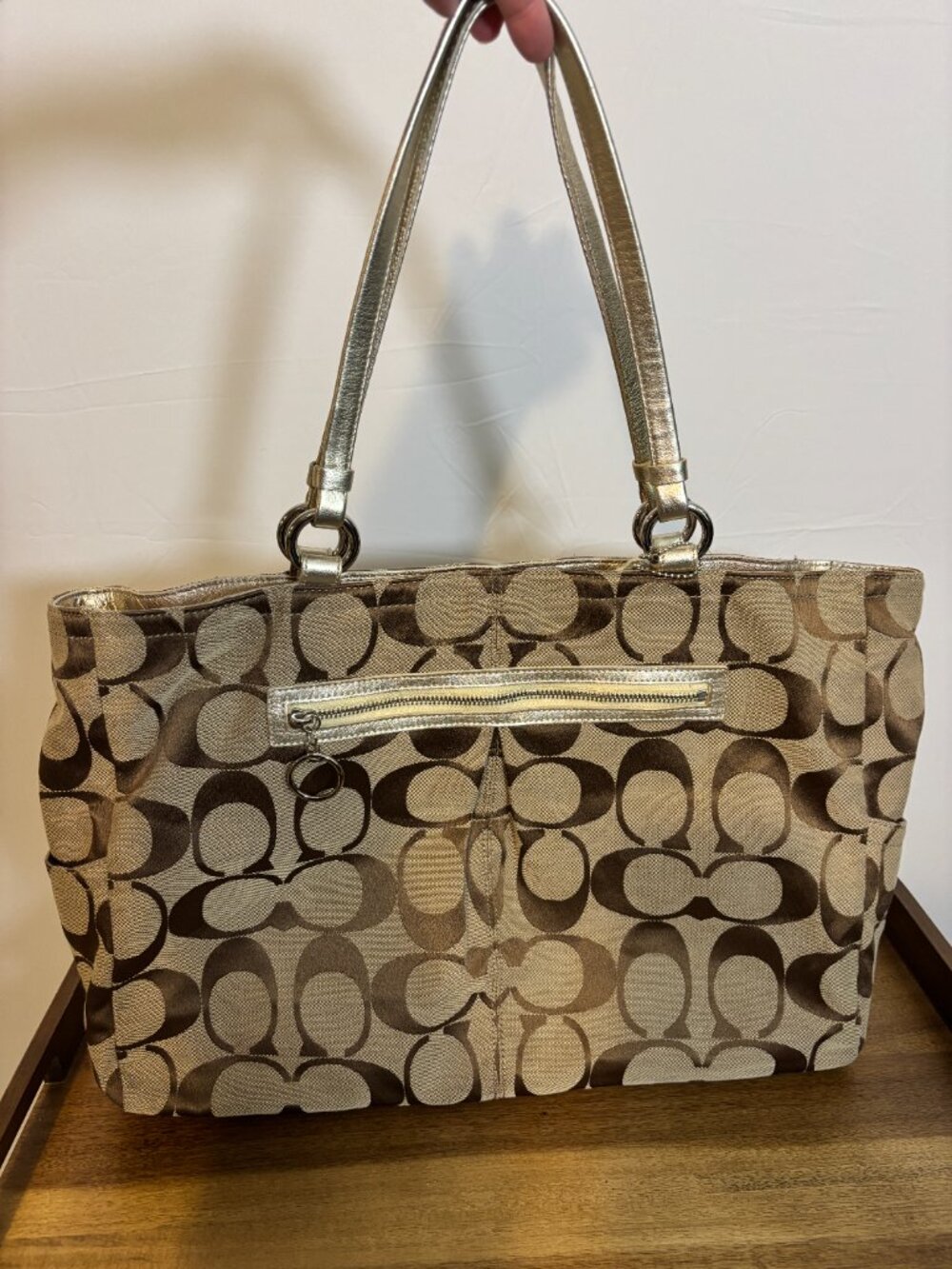 Coach Gabby Signature Khaki Metallic Gold XL Tote
